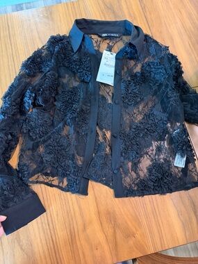 Zara Black Sheer Floral Applique Button-Front Blouse